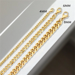 Detail view comparing 4mm, 6mm, and 8mm widths of gold polished Cuban link chains