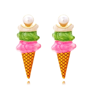 Ice Cream Cone Stud Earrings Zinc Alloy Enamel Colorful Food Jewelry With Imitation Artificial Pearl For Women Summer Vacation