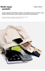 Detailed view of spacious interior of cream canvas tote bag showing multiple pockets