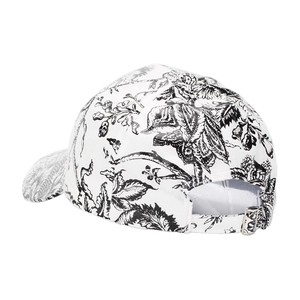 Detail of adjustable metal buckle and ink wash floral print on white baseball cap