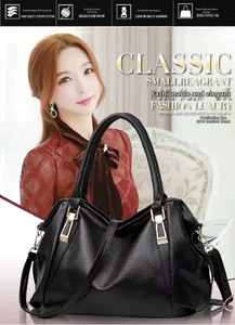 Large capacity black soft PU leather handbag featuring elegant gold-tone hardware detail
