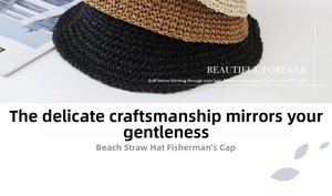 Detail of woven texture on beach straw hats in black, khaki, and cream white colors