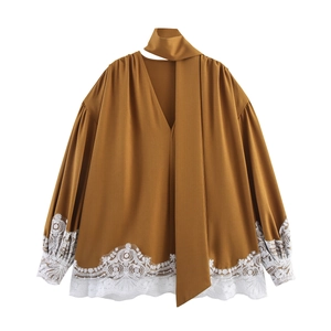 Women Blouse Long Lantern Sleeve Scarf Tie Collar V Neck Elegant Lace Patchwork Solid Loose Fit Top