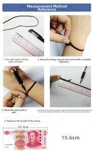 Size measurement guide for silver bracelet showing steps with ruler and string