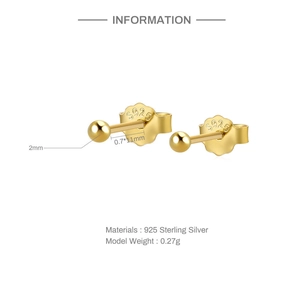 Detailed view of S925 sterling silver ball stud earrings with 2mm diameter and S925 hallmark