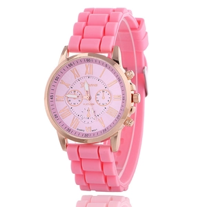 Women's Geneva fashion watch with pink silicone strap and rose gold round metal case