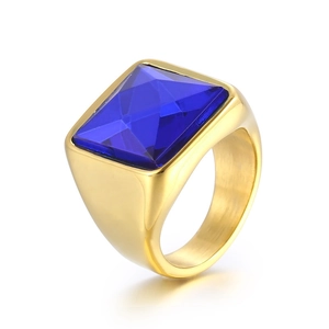 Bold gold-plated titanium steel ring featuring a large faceted square blue zircon stone
