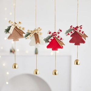 Plush Christmas tree bell ornaments in four colors with ribbon bows for festive decor