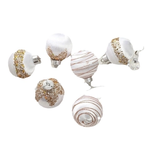 Set of 6 white silk Christmas balls with gold glitter patterns for tree decoration