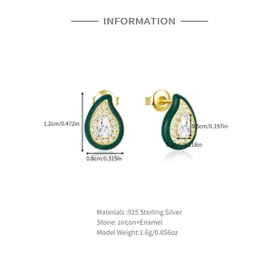 Detailed size specifications of 925 silver green enamel teardrop earrings with zircon