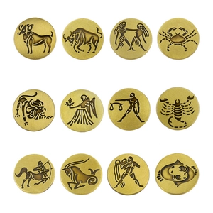 Set of 12 vintage bronze zodiac brooches with intricate celestial relief patterns