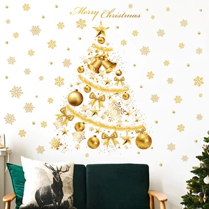 Weihnachten Wandaufkleber Gold Schneeflocke Weihnachtsbaum Fensterbilder PVC Selbstklebend Feiertag Deko