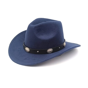 Classic dark blue wool cowboy hat with vintage silver studs and leather decorative band