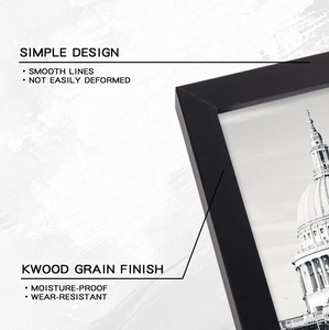 Detail of minimalist black wood grain photo frame with smooth lines and right-angle craftsmanship