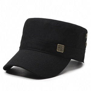 Classic black cotton flat top army cap for men with vintage metal side decoration
