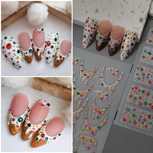5D Embossed Nail Art Stickers French Style Christmas Relief Decals With Colorful Rhinestones And Stars DIY Decoration