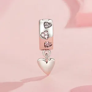 S925 sterling silver heart charm with pink zircon stones and rose gold accents