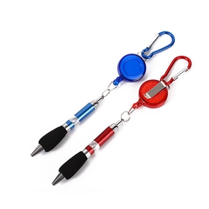 Portable retractable ballpoint pens with carabiner clips in vibrant red and blue colors