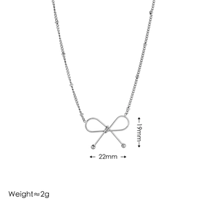 Minimalist silver bow pendant necklace with bead chain on white background, 22mm x 19mm size