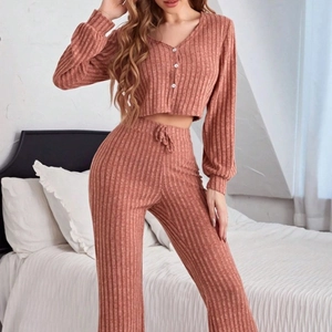 Women Pajama Cardigan And Pants Polyester Ribbed Knit V Neck Button Long Sleeve High Waist Drawstring Wide Leg Loungewear