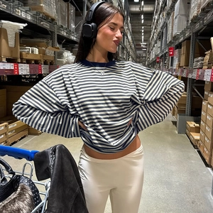 Detailaufnahme des blau-weiß gestreiften Langarmshirts mit rundem Halsausschnitt