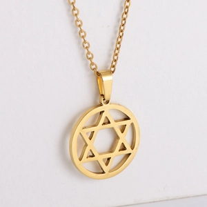 Golden hexagram star pendant necklace with circular frame and minimalist metallic finish