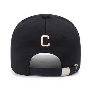 Adjustable black baseball cap with golden C embroidery and silver buckle back view