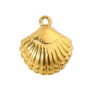 Detailed view of a gold fan-shaped seashell pendant with elegant metallic texture