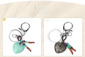 Detail of heart-shaped natural stone keychains with hand-woven rope and colorful beads
