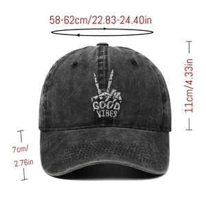 Detail view of charcoal gray baseball cap with white Good Vibes hand gesture embroidery