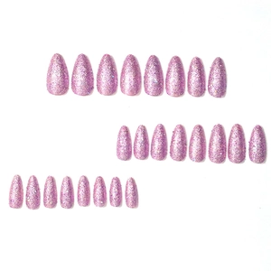Lot de 24 faux ongles amande longs rose violet pailleté avec finition scintillante