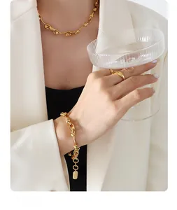 Close-up of chunky gold link necklace and bracelet set worn with a tailored white blazer