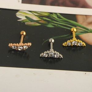 Three-color stainless steel piercing studs with triple zircon inlay and ball-screw backings