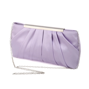Detail of lavender pleated satin evening bag with silver metal clasp and chain strap