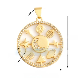 Détail du pendentif céleste doré avec dimensions de 25 mm de diamètre indiquées