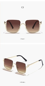 Detail view of semi-rimless square sunglasses with gradient brown lenses and gold frame