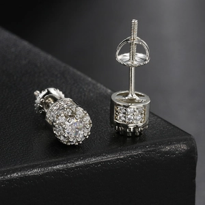 Iced out hip hop round stud earrings with silver plating and screw back closure