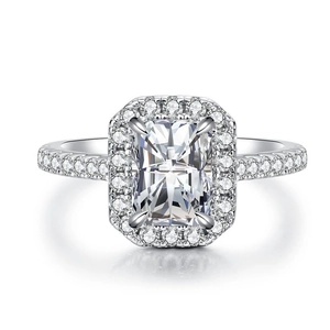 Bague moissanite taille radiant 2 carats en argent S925 avec entourage halo