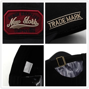 Vintage black cotton baseball cap with red New York embroidery and adjustable metal buckle