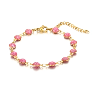 Bohemian gold 18K plated stainless steel chain bracelet with pink glitter charms