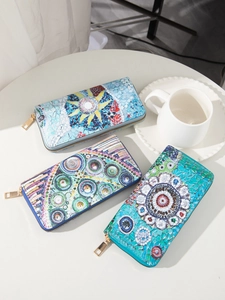 Boho Ethnic Mosaic Printed PU Leather Long Wallet Zip Around Large Capacity Multi Card Slots Clutch Purse For Women