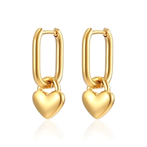 Polished gold stainless steel hoop earrings featuring minimalist heart-shaped pendants