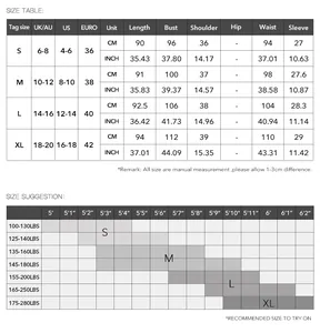 Detailed size guide table for women's floral short sleeve dress with measurements