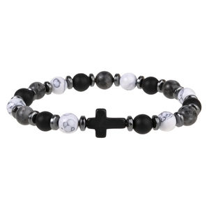 Cross bracelet featuring snowflake obsidian, matte black stones and white marble beads