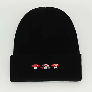 Unisex black knitted beanie with mushroom embroidery for autumn and winter warmth
