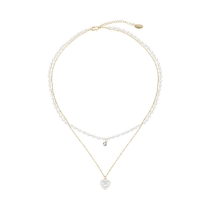 Elegant double-layered pearl necklace with golden heart pendant and sparkling rhinestone charm