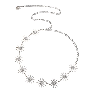 Nahaufnahme der silbernen Metall-Taillenkette mit Sonnenanhängern und verstellbarer Kette