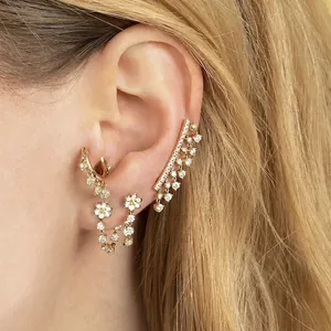 S925 silver gold floral earrings set with enamel petals and zircon cuff on model