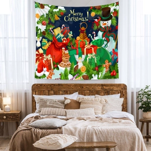 Detail of Christmas tapestry with snowman and gifts hanging over a cozy bedroom headboard