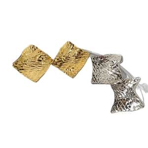 Minimalist diamond-shaped earrings with textured metal finish in gold and silver colors